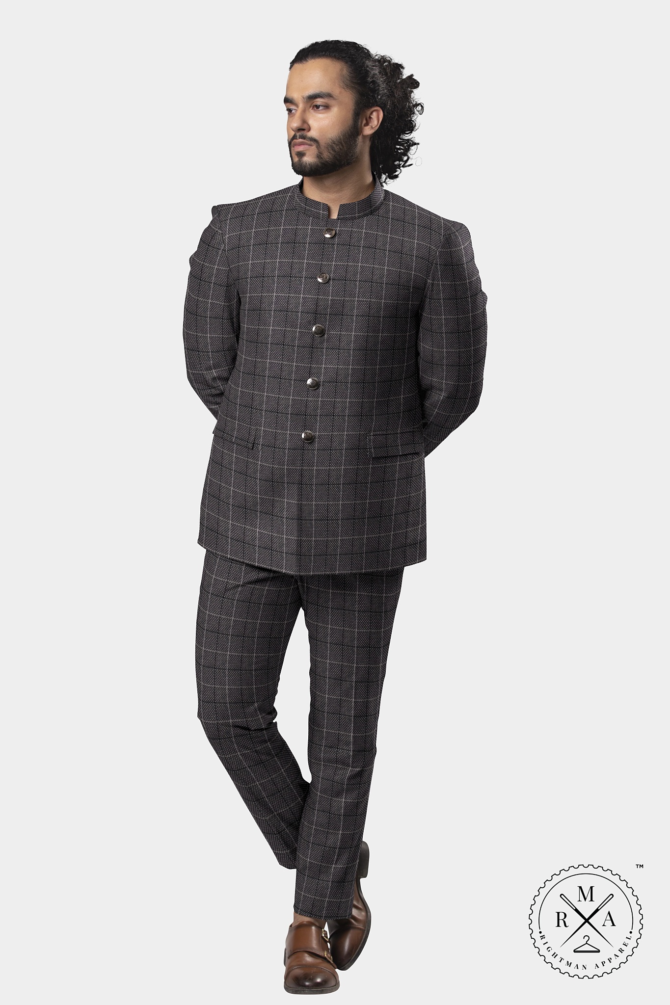 Grey TR Jodhpuri Suit With Windowpane Checks SU33